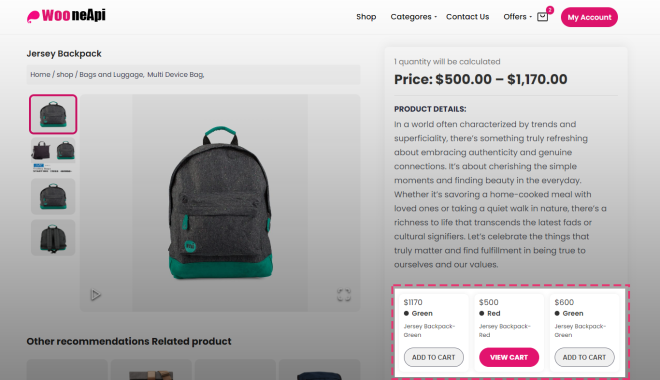 Display product variations from woocommerce rest API on a Reactjs nextjs application.